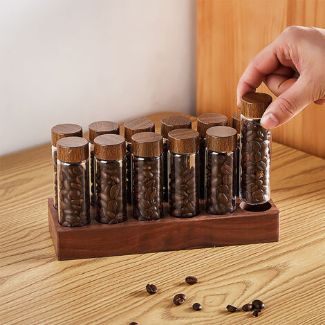 Tube Dose Individuel pour Café - Doseur Coffee Bean Storage 12 Tubes Cellier de Café Portatif en Verre Borosilicate avec Support Bois Walnut et Entonnoir - 2oz (4.72 x 1.18in) (1/5)