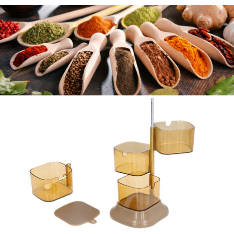 Boîte d'épices rotative 4 niveaux plastique ABS pour sel sucre poivre avec couvercles et 4 cuillères (1/5)
