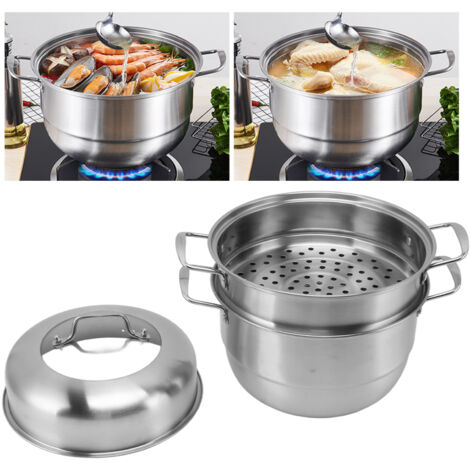 Casserole Étagère à Vapeur en Acier Inoxydable avec Double Poignée - 3 Étages, Verre Trempé, Ø28cm