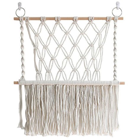 Panier suspendu en coton nordique - Sac filet de rangement pour jouets - Tenture tissée main [55x60cm Blanc cassé] - Décoration murale pour chambre d'enfant (1/5)