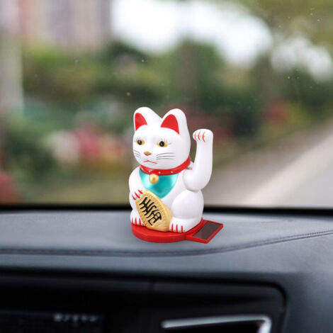 Chat Solar Powered, Lucky Cat waving Ornament, Rotating base, Light induction, Plastic décor, Eco-friendly, 4-inch model, Gift set (cat + adhesive), Feng Shui home accessory (1/5)