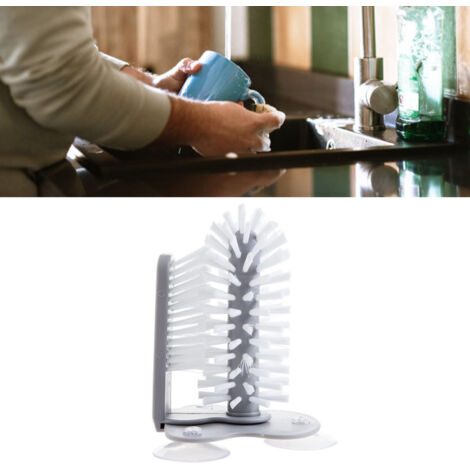Brosse de Lavage de Tasses à Café et Champagne en Plastique Rotatif et Détachable avec Ventouse Murale - Brosse Double à Parois Intérieure et Extérieure (1/5)