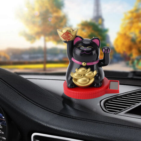 Chatou Lucky Cat Statue Basique Rotatif Noir ABS 77mm Solaire Dashbord Bureau Décor (1/5)