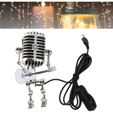 Lampe de Table Vintage Microphone Robot USB - Aluminium Métal Microphone Guitar Robot pour Déco Murale et Bureau - Blanc (1/5)