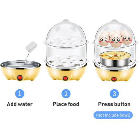 Autocuiseur d'œufs électrique double étage 14 œufs capacité avec bec verseur 40mL anti-séchage couleur jaune 350W cuisson steam vegetables