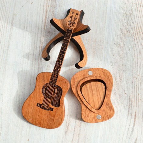 Boîte de Rangement pour Médiators Guitar en Bois de Chêne avec Gravure Musicien Multifonctionnel (1/5)