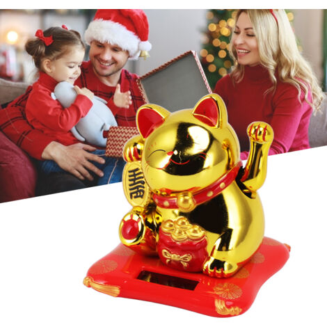 [Statue Décoratif] Solar Powered Waving Cat Fortuna Ornement de Chat Fortune pour Accueil à la Richesse en Plastique Doré pour Maison Auto (1/5)