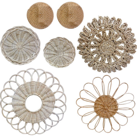 Panier mural en rotin artisanal - Set de 7 pièces - Décoration nordique pour chambre, salon et bureau avec design ajouré unique (1/5)