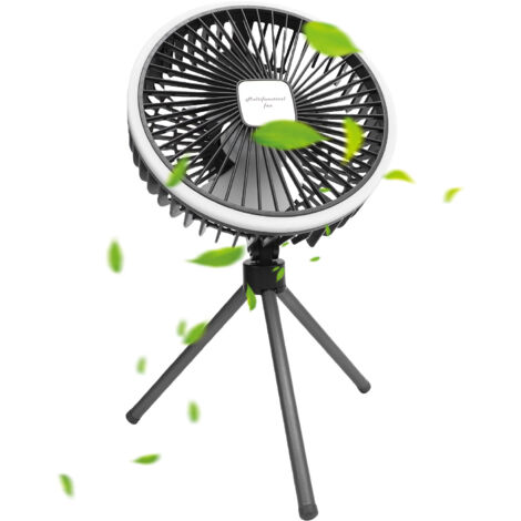 Ventilateur de Camping avec Support Tripode et Lumière USB Rechargeable Portable 1200mAh ABS Gris (1/5)