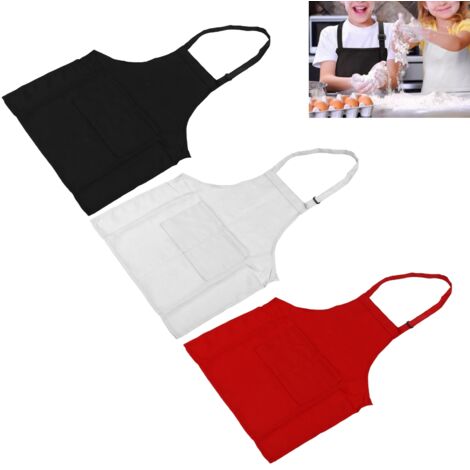 Tabliers pour enfants avec poches Lot de 3 tabliers ajustables en polyester blanc rouge noir Série DIY Cuisine pour enfants 3‑6 ans Modèle 56cm (1/5)