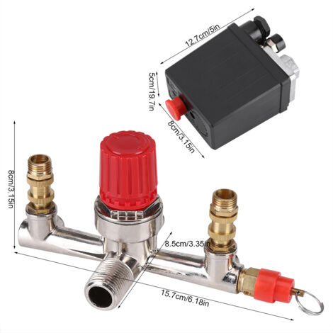 Interrupteur de Régulateur de Pression pour Compresseur d'Air 90-120 PSI avec Double Indicateurs - Métal/Plastique 230V 16A (1/5)