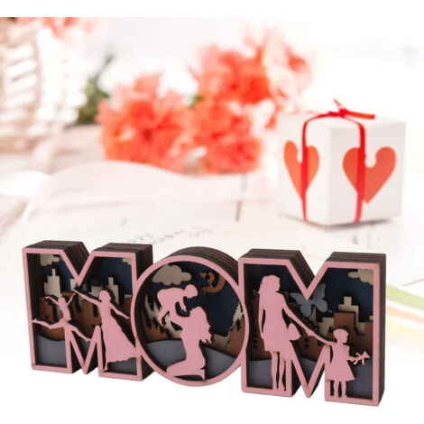 Décoration de lettres en bois - Signe "MOM" élégant pour Jour de la mère - Ornement mural en bois précieux forme cœur décoratif (1/5)