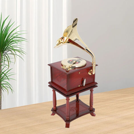 Music Box Gramophone Mechanical Retro Clockwork Music Box with Base ABS Material Brown Gramophone Figurine (1/5)