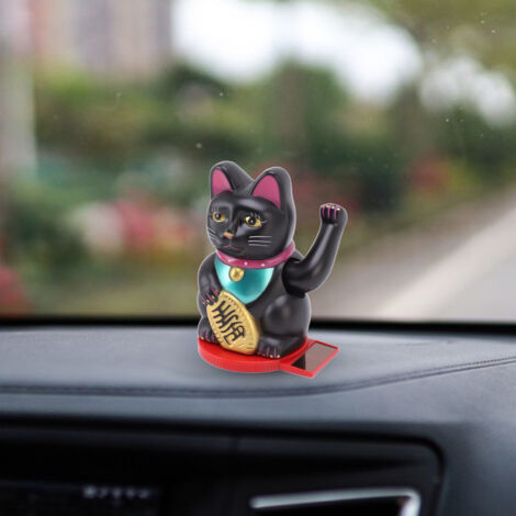 Figurine Chat Maneki-neko 10 cm Solar Powered Noir Rotant Base Décoration Maison Bureau (1/5)
