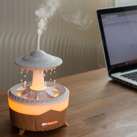 Humidificateur Aroma en Forme UFO avec Pluie Sonore, Lumière LED et Contrôle à Distance, 350ml, Grain Bois, Plaque US (ABS/PP) (1/5)