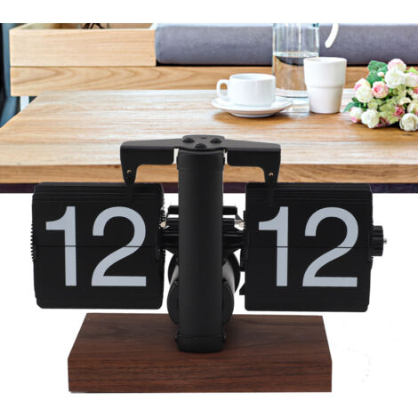 Horloge à Flip Vintage 24H Base Antidérapante Bouton Rotatif Ajustable à Piles Digitale pour Bureau Salon en Bois de Noire et Métal (1/5)