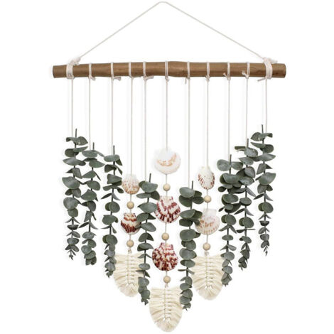 Décoration Murale Bohème Wreath Artificial Eucalyptus Plantes Vert Faux Fleurs Perles Bois Cloches Coquilles Déco Salle de Bain Salon Intérieur Vintage (1/5)