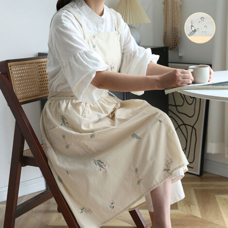 Tablier de cuisine waterproof résistant au lavage avec motifs fleurs brodées pour pâtisserie café maison beige (1/5)