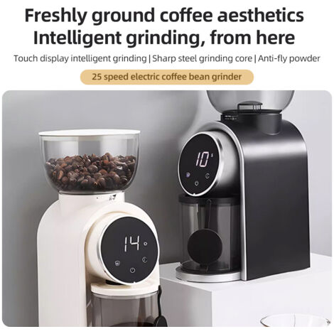 Moulin électrique à café avec broyeur conique en acier CNC - 25 niveaux de mouture - Timer 5-40s - Portafilter 51-53mm - Capacité 250g - ABS & 420 inox - Noir/Blanc - 150W (1/5)
