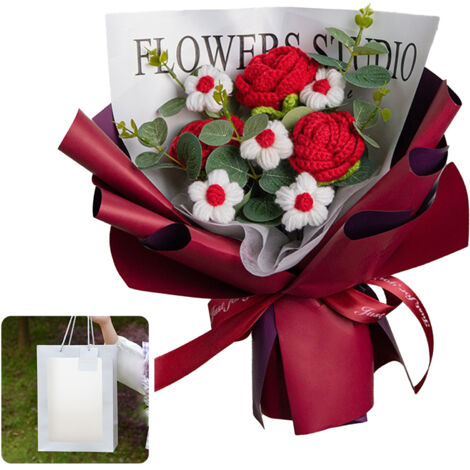 Bouquet artisanat main en laine [3 roses rouges + 5 marguerites + sac cadeau] - Créatif sans guirlandes lumineuses, livré dans boîte carton (1/5)