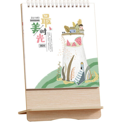 Calendrier de Bureau en Bois Vertical Cartoon - Cadre Bois Naturel, Calendrier Moderne 2024 avec Design Créatif et Simple, Décor Personnalisable pour Bureau ou Salon (1/5)