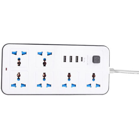 Bande d'Alimentation 6 Ports AC & 3 USB + 1 Type C Protector de Surprise pour Maison Bureau Étudiant avec Bouton ON/OFF 1.8m Cordon Électrique Noir/Blanc (1/5)