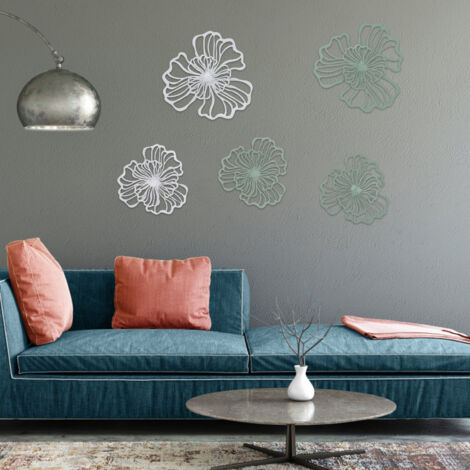 Decor Métallique Fleur - Ensemble 5 Pièces, Décor Mur Métal Fer Fleur Art Blanc Vert Design À Double Étage Décor Mur Salon Bureau (1/5)