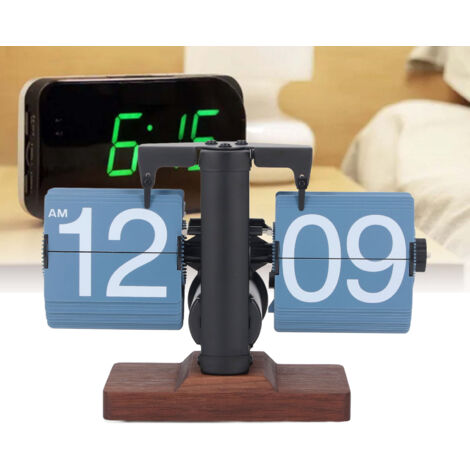 Réveil Flip Digital 12 Heures Monocôté avec Base Bois Retro mécanique Auto Flip Noir Cadre Pages Bleues Cadençant à Piles pour Bureau Salon Office (1/5)