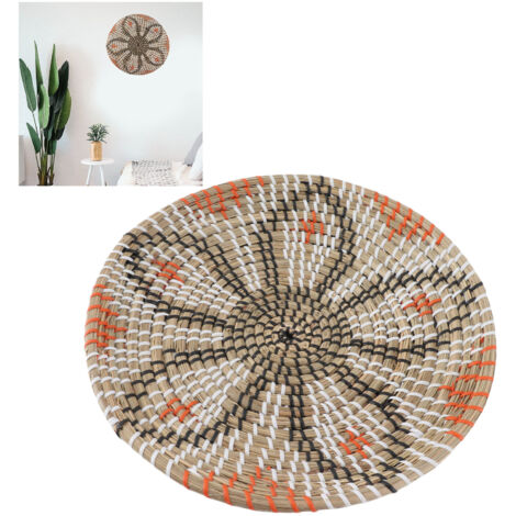 Décor mural artisanal en herbe, rond, suspendu, 35cm diamètre, panier tissé, tricot main, style 3, pour cuisine salon. (1/5)