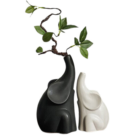 【Vase d'Ornement Éléphant】Simil-Eau Éléphant Noir et Blanc Branche Fanée et Bourgeon Tendre, Décoration Maison Entrée Salon Bureau Cadeau Moderne