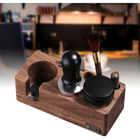 Station de Calage Portafiltre en Bois de Noix Base Adjustable Hauteur 3 en 1 Organisateur Tamper Distributor Support pour Comptoir Coffee Accessories (1/5)