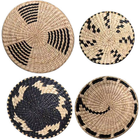 Décoration Murale [Main] - Déco Tissée en Fibre Naturelle - Lot 4 Pièces Noir - Modèle Nordic - Forme Ronde Épaisse - Ornement Haut de Gamme Façonné Artisanalement (1/5)
