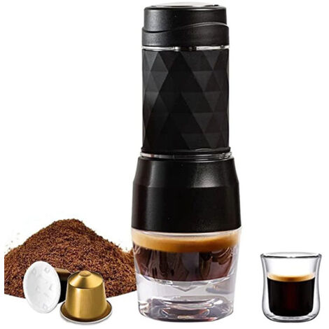 Machine Espresso 3-en-1 CAFELFFE Portable Manuelle 18Bar Cafetière Mini avec Buse à Lait et Cup 120ml pour Capsules DG/NES et Café Moulu Noir ou Blanc (1/2)