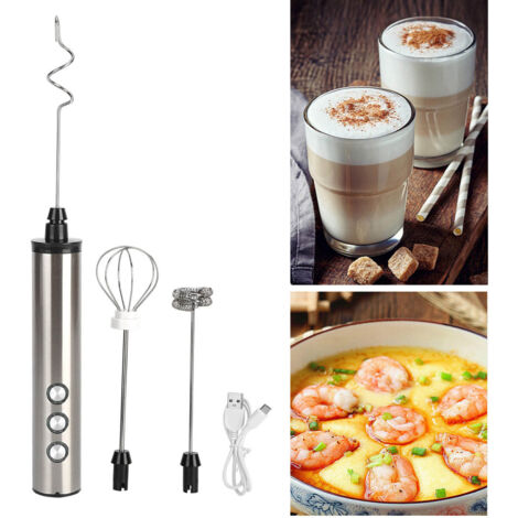 Mélangeur à lait rechargeable USB en acier inoxydable avec 3 embouts interchangeables pour latte, crème et œufs - 19000-23000 rpm (1/5)