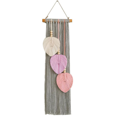 Tissage mural en coton rose, tenture décorative à feuilles, tissage artisanal pour chambre (1/3)