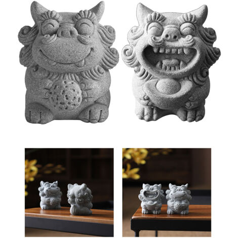 Décor Lion Thé Pet Chinois Mini - 2 Statues Lion Pierre Sculpture Délicate (1/5)
