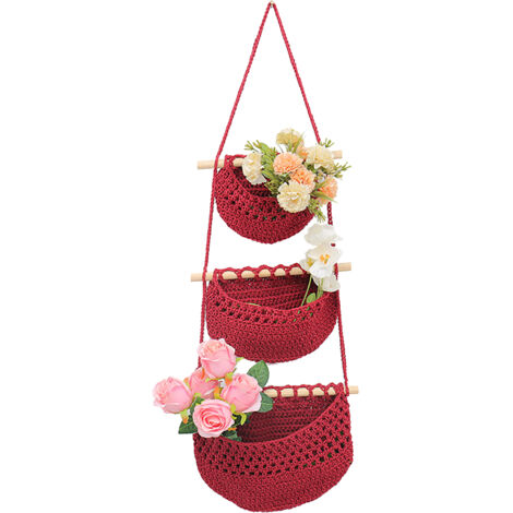 Sac à Fruits Tressé Tricoté Main 3 Étages Motif Bohème Rouge - Filet Creux Décoratif pour Pots de Fleurs (1/2)