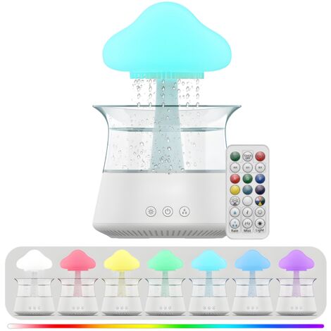 Humidificateur Ultrasonique à Pluie Mushroom Cloud avec Diffuseur d'Aromathérapie, Timer 5H, Lampe LED 7 Couleurs, Capacité 300ml, Blanc ou Grain de Bois, Type-C USB (1/5)