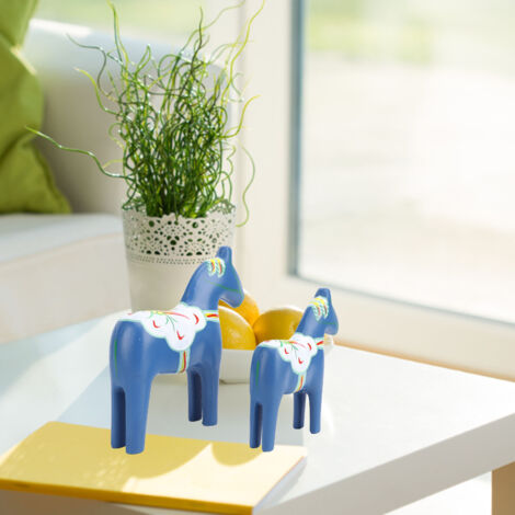 Figurine de Cheval Suédois Dalahäst 2 pièces Décorations Main Peinte pour Maison Mariage Bleu Modèle Composite Bois Grand Petit (1/5)
