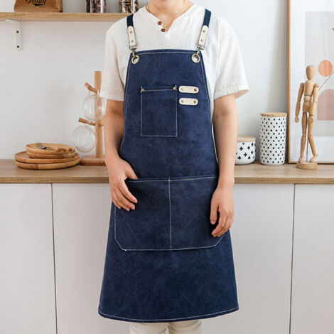 Tablier de Cuisine Professionnel [Apron] Premium Bandoulière Détachable Poches Imperméable Toile Coton Confortable Bleu Marine pour Restaurant (1/5)