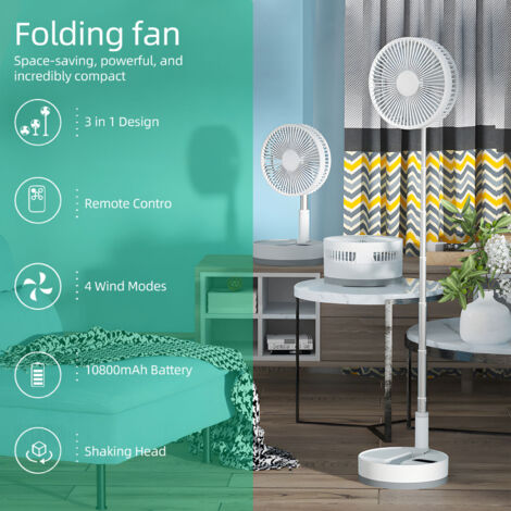 Ventilateur Portable Pivotant Collapsible 9 Inch 10800mAh Type-C LED Noir/Blanc ABS+Aluminium Telescopique à Distance 4 Vitesses Timer (1/5)