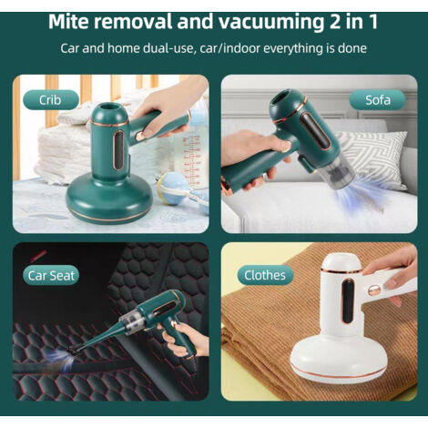 Aspirateur Démiteur Portable UV Sans Fil 7200PA 120W pour Maison et Automobile - Martelage Double 6000/Min, Capacité 200ml, ABS, Blanc ou Vert (1/5)
