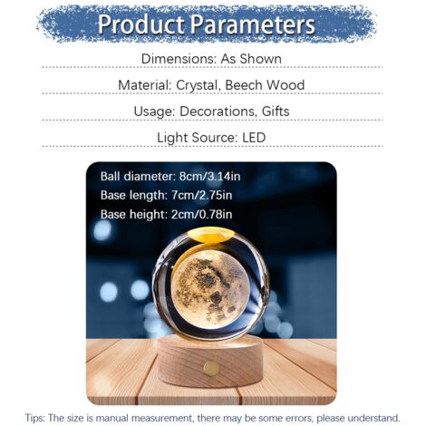 Lampe d'apprentissage astronomique LED sphère lunaire verre 80mm rechargeable USB avec base bois lumière chaude décoration maison cadeau (1/5)