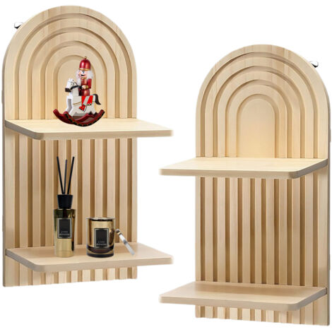Étagère murale à deux niveaux design bohème pin (30x15cm) (1/5)