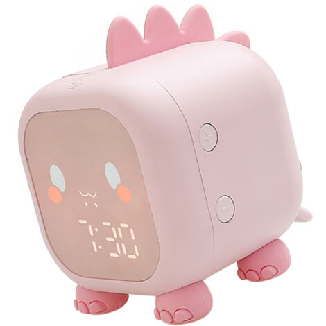 Réveil Digital pour Enfants avec Dino Éclairé - 2 Alarmes, 6 Sonneries, 6 Volume, Chrono 60 min, Contrôle Sonore, Snooze, Lampe de Veille, USB Rechargeable 1500mAh, ABS/Silicone, Bleu/Pink/Green, 118x (1/5)
