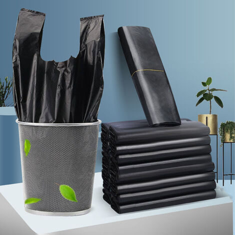 Sacs poubelle résistants en PE noir, pack de 50, grande capacité (20x35cm), modèle vest avec anses pour cuisine/maison/bureau. (1/5)