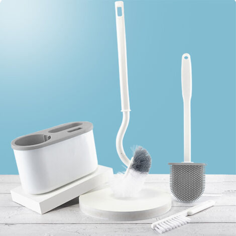 [Brosse de toilette] avec porte-ventouse sans perforation mural et 2 brosse silicone pour nettoyage complet WC, ensemble 4 pièces blanc plastique (1/5)