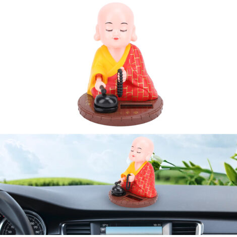 Figurine Solaire de Petit Moine Rouge à la Tête Automobile - Ornement pour Dashboard ou Bureau avec Nodding Auto et Frappe de Poisson en Bois - Matériel ABS (108mm) (1/5)