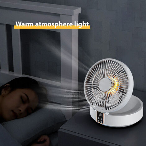 Ventilateur mural oscillant rechargeable à vitesse variable avec lumière atmosphérique et télécommande pour maison bureau et voyage
