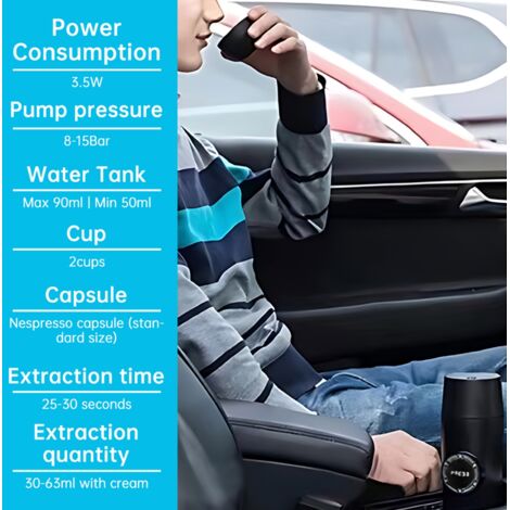 Machine de café portable rechargeable sans cordon - Cafetière électrique mini pour voyage et camping avec réservoir 2 en 1 (poudre et capsules) - 15 bar, batterie 2600mAh, autonomie longue (jusqu'à 10 (1/5)